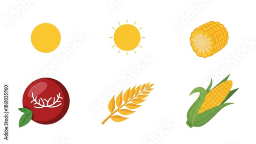 Agricultural icons including corn, wheat, tomato, and sun on white background