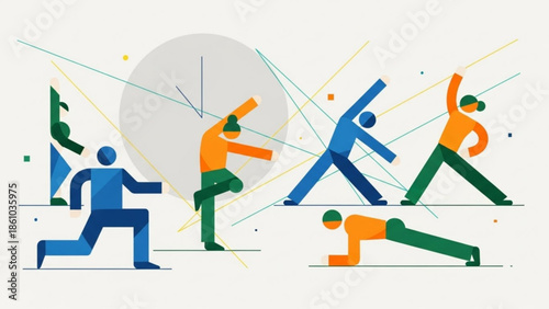 Group of people doing yoga poses in various stretching exercises with colorful geometric