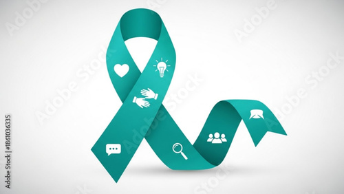 Teal ribbon with white icons for awareness and support on gray background
