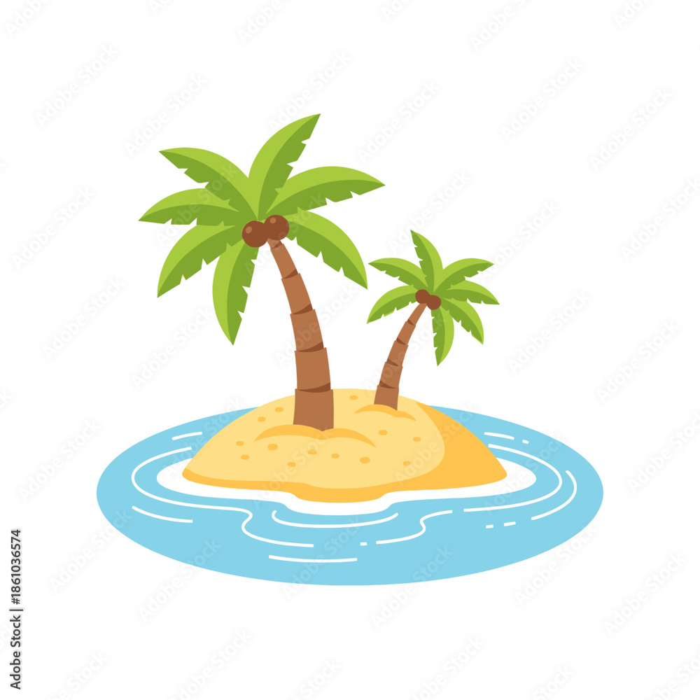 Obraz premium Cartoon Tropical Island with Palm Trees in Blue Water