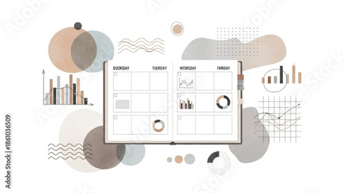 A modern business planning concept with an open notebook and various graphs on a white