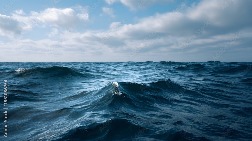 Fototapeta premium Deep blue ocean with turbulent waves under a dynamic cloudy sky evoking a sense of vastness and natural power