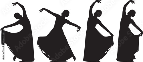 Flamenco dancer movement sequence silhouette in flowing dress isolated on white background