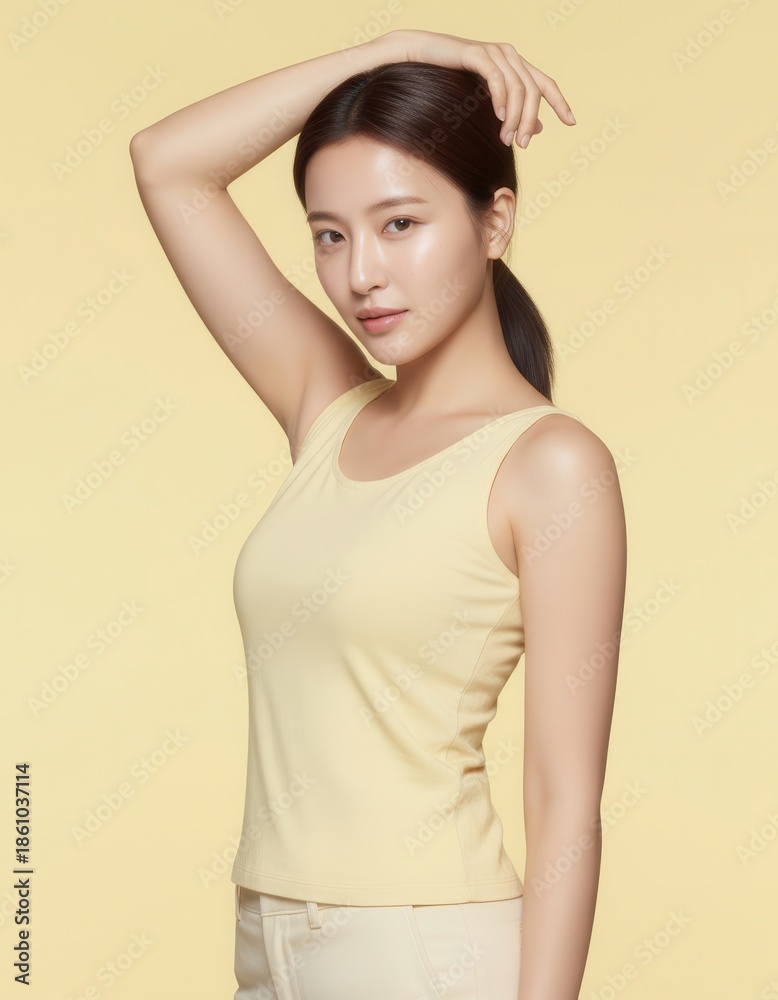 Obraz premium Asian Woman Beauty Portrait with Tied Hair Clean Minimal Look, Korean Beauty Model Yellow Sleeveless Outfit Light Yellow Background, Asian Female Glowy Skin Cosmetic Model Various Poses and Expression