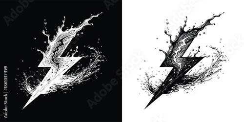 A dynamic lightning bolt with water splash in black and white offers a powerful visual, ideal for conveying energy and motion isolated on white background