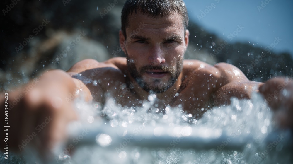 Fototapeta premium Close-up portrait of a man in a hot tub. he is shirtless and appears to be in the middle of a swim. the man has a beard and short, dark hair.