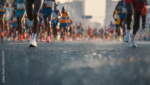Multiple male marathon runners running on city street during race in vibrant sportswear and athletic shoes