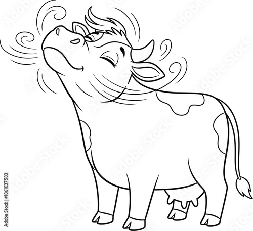 Happy Cow Enjoying the Breeze – Cute Cartoon Line Art Farm Animal Illustration for Kids Coloring Book, Playful Cow Character Design