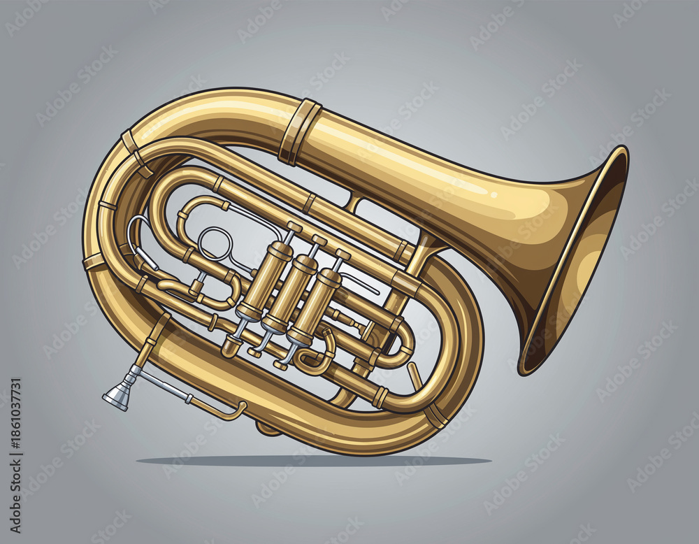 Obraz premium A shiny brass euphonium is illustrated against a plain gray background viewed directly from the side.