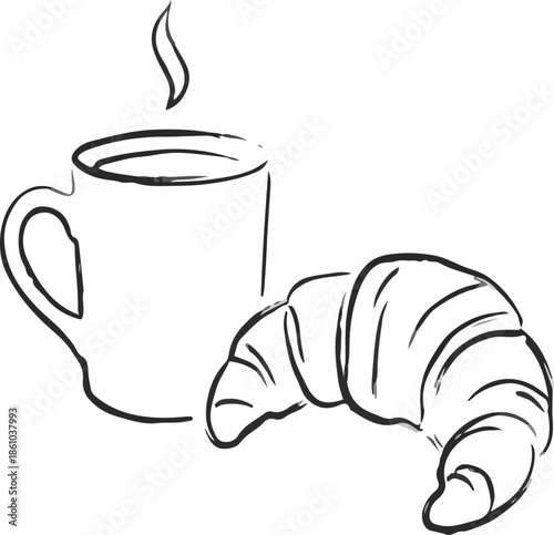 Coffee Mug Steaming Croissant Breakfast Sketch Illustration