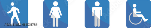 Blue icons for male, female, person walking and disabled accessibility