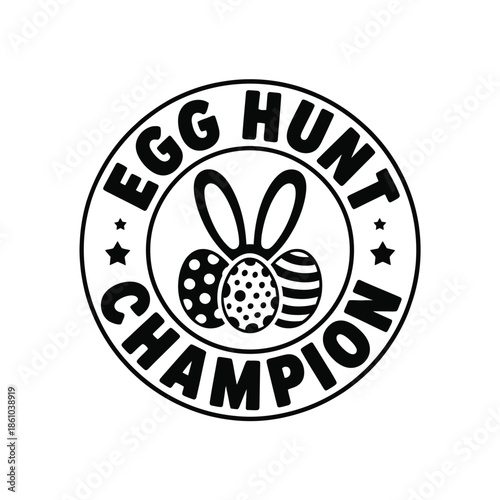 An egg hunt champion circular logo with bunny and decorated eggs