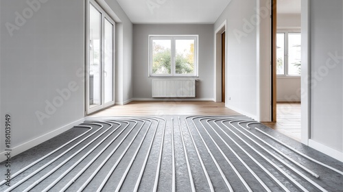 Modern interior with underfloor heating system installed, ready for flooring.