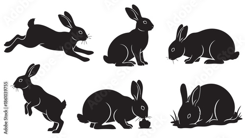 Dynamic collection of black rabbit silhouettes showcasing different activities and postures