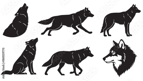 Black wolf silhouettes in various poses showcasing their wild nature and iconic howls