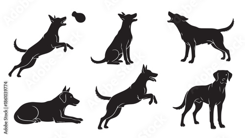 A versatile set of black dog silhouettes in different natural and active positions