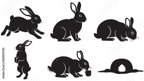 Collection of playful rabbit silhouettes showcasing various movements and actions