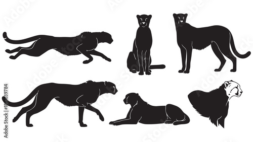 Dynamic cheetah silhouettes capturing various poses and movements in black and white