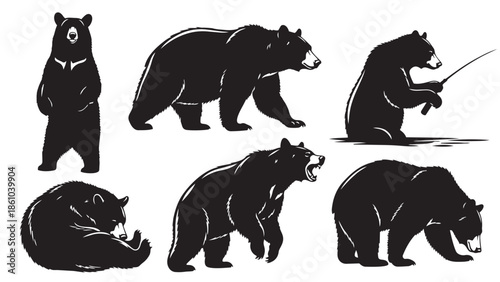 Majestic black bear silhouettes showcasing various natural behaviors and playful activities