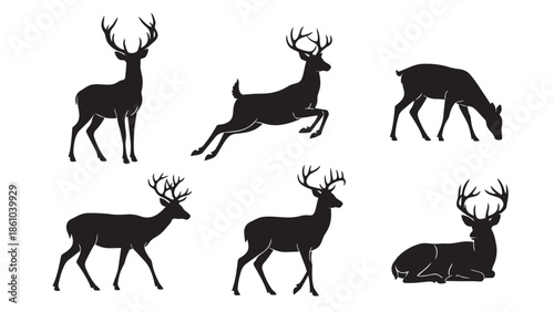 Beautiful collection of deer silhouettes with impressive antlers in different actions