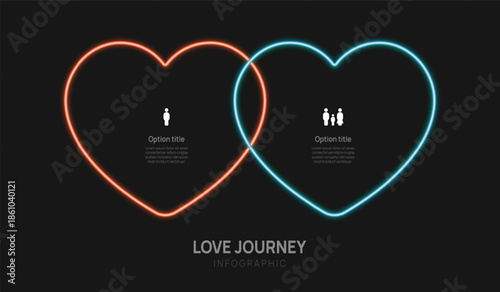Relationship status cycle neon light heart infographic. Journey of love presentation with icon elements vector illustration.
