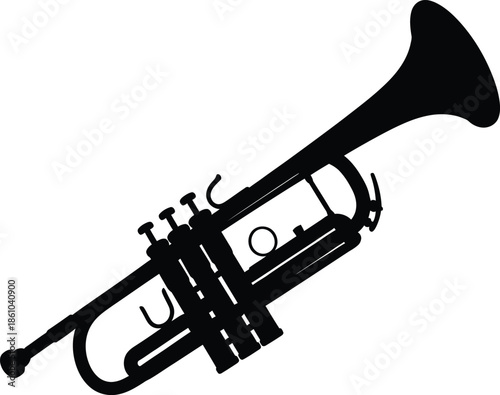 An old gold brass trumpet jazz music instrument with a mouthpiece and valves is isolated on a white background for an orchestra or band musician