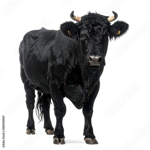 A fully-grown bull stands, facing the camera. It?s solid black, with horns. It's positioned on a plain white background