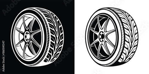 A detailed tire illustration with intricate tread patterns, presented in both black and white versions, showcasing automotive design and engineering precision
