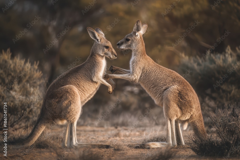 Fototapeta premium Playful kangaroos engage in friendly boxing match in the Australian outback during golden hour