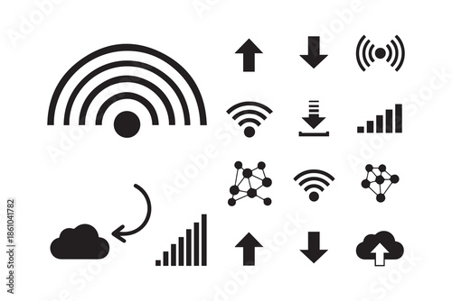 Abstract music background with a vector illustration of a wave arrow and technology icons set for a wireless internet connection network design