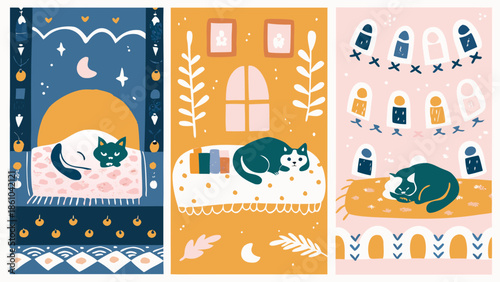 Three cats resting peacefully in vibrant playful room settings at night