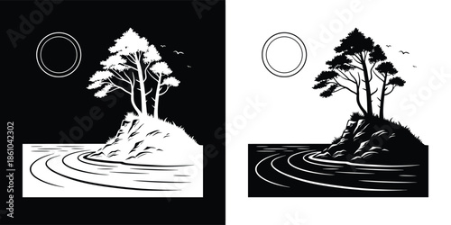 Serene landscape with trees on a small island, reflected in the water, creating a peaceful and minimalist nature scene isolated on white background