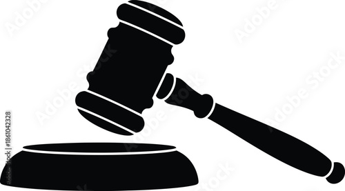 A 3d vector illustration features a black and white hammer alongside a wooden gavel and a hockey stick and puck to represent a business concept of law, justice, and authority
