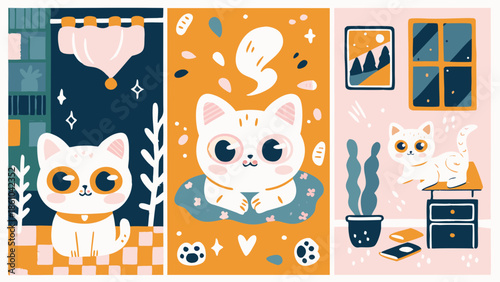 Cute playful white kittens posing in vibrant rooms with bright colors and patterns