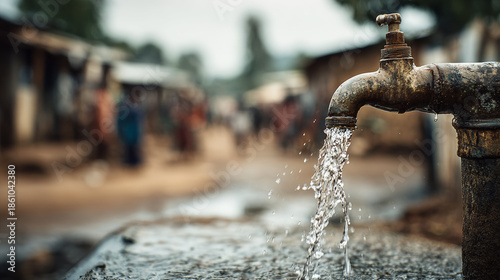 Old rustic metal water tap with flowing clear water in a rural village setting with blurred background of houses and people