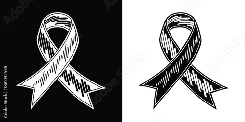 Monochrome awareness ribbon with intricate patterns symbolizing support and solidarity, isolated on white background a powerful visual statement