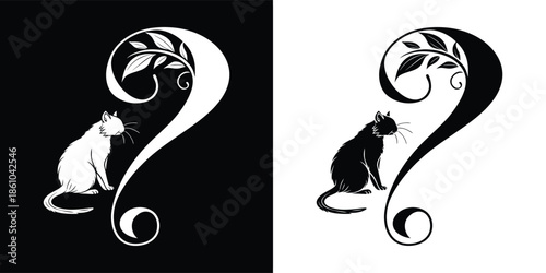 Elegant black and white logo design featuring a cat beneath a stylized question mark adorned with leaves, creating a whimsical and inquisitive emblem isolated on white background