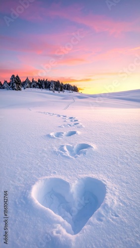 Snowy path leads to trees at sunset
