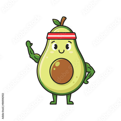 Fit Avocado Character with Headband and Muscular Arms Flexing, Healthy Lifestyle Concept