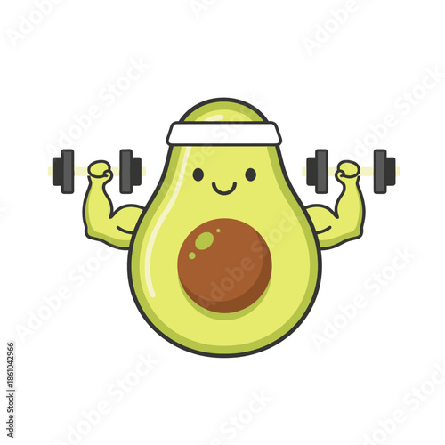 Cute strong avocado character lifting dumbbells, fitness and healthy lifestyle concept