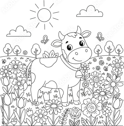 Cute Cow in a Flower Meadow on a Sunny Day – Adorable Cartoon Line Art Farm Animal Illustration for Kids Coloring Books and Children’s Designs