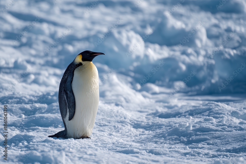 Fototapeta premium Majestic adult emperor penguin standing gracefully on the snowy ice of Antarctica during a bright, sunny winter day, showcasing its striking black and white plumage against the icy backdrop