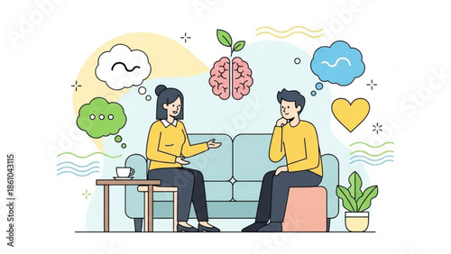 A woman and man sitting on couch talking with thought bubbles and brain symbol around them representing mental health discussion