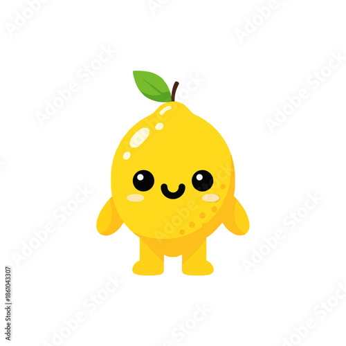 Cute Kawaii Lemon Character with Smile and Leaf - Vector Illustration