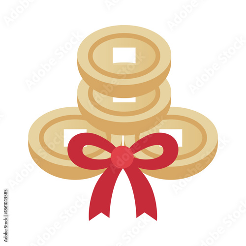 Illustration of gold coins with red ribbon