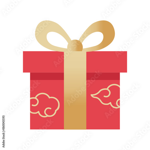 Illustration of red gift box with golden ribbon and cloud pattern