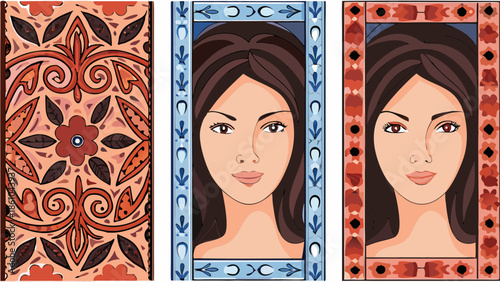 Vintage colorful ornate frame border with leaves vines and woman faces