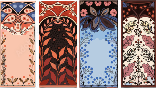 Colorful ornate floral frame borders with leaves and vines for design