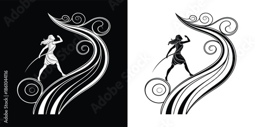 A captivating black and white illustration showcases a surfer girl gracefully riding a wave, embodying the spirit of adventure and the beauty of the ocean