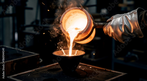 Molten metal pouring from a crucible into a mold in a foundry. Industrial metal casting process with glowing liquid and sparks. Metallurgy and manufacturing concept